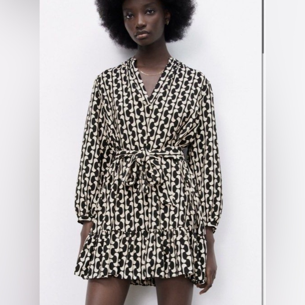 ZARA LS Black & Cream Print Belted Mini Dress ‘The Paula’